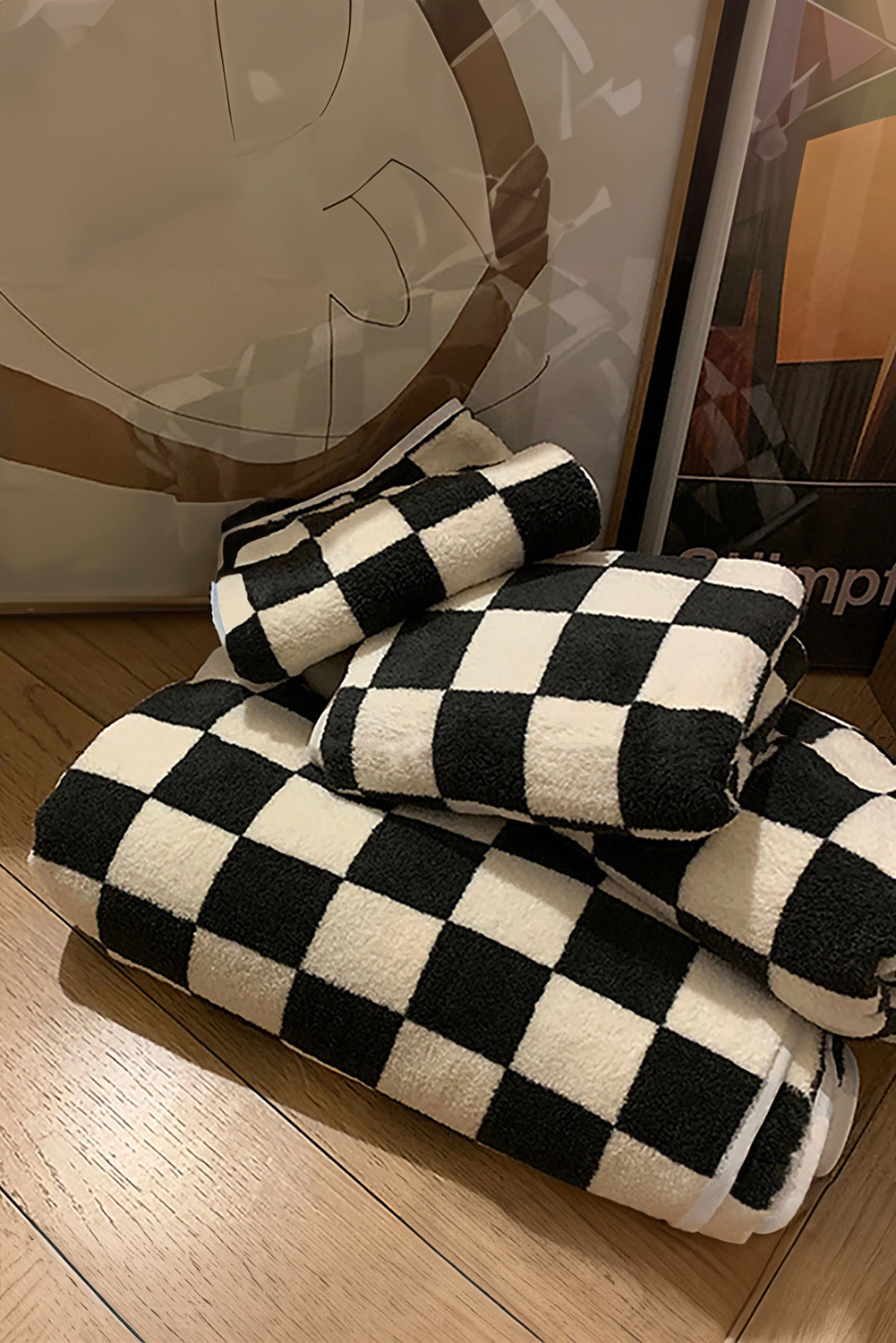 Black Fuzzy Checkerboard Bath Towel Set - loveforevers