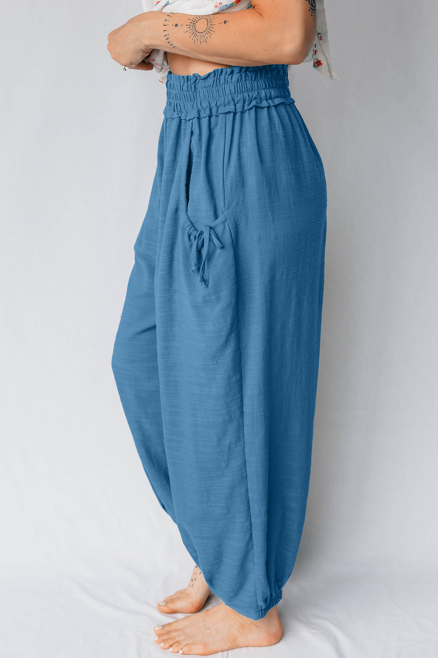 Prussian Blue Smocked Waist Casual Jogger Style Pants - loveforevers