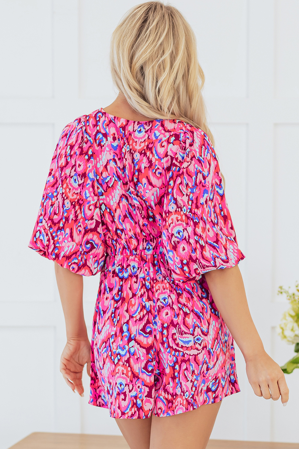 Pink Abstract Print Puff Sleeve V Neck High Waist Romper - loveforevers