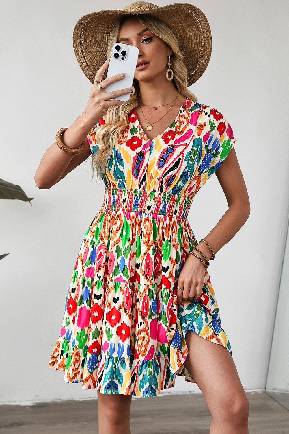 Sky Blue Abstract Print V Neck Dolman Sleeve Ruffle Tiered Mini Dress - loveforevers