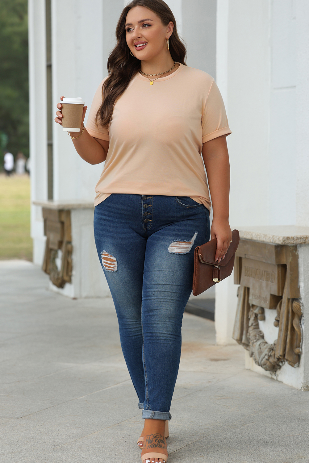Khaki Casual Plain Crew Neck Tee - loveforevers
