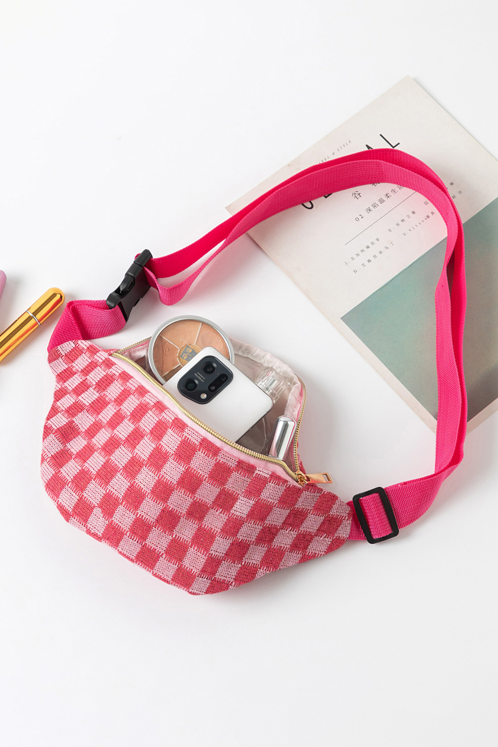Rose Red Checkered Pattern Crossbody Sling Bag - loveforevers