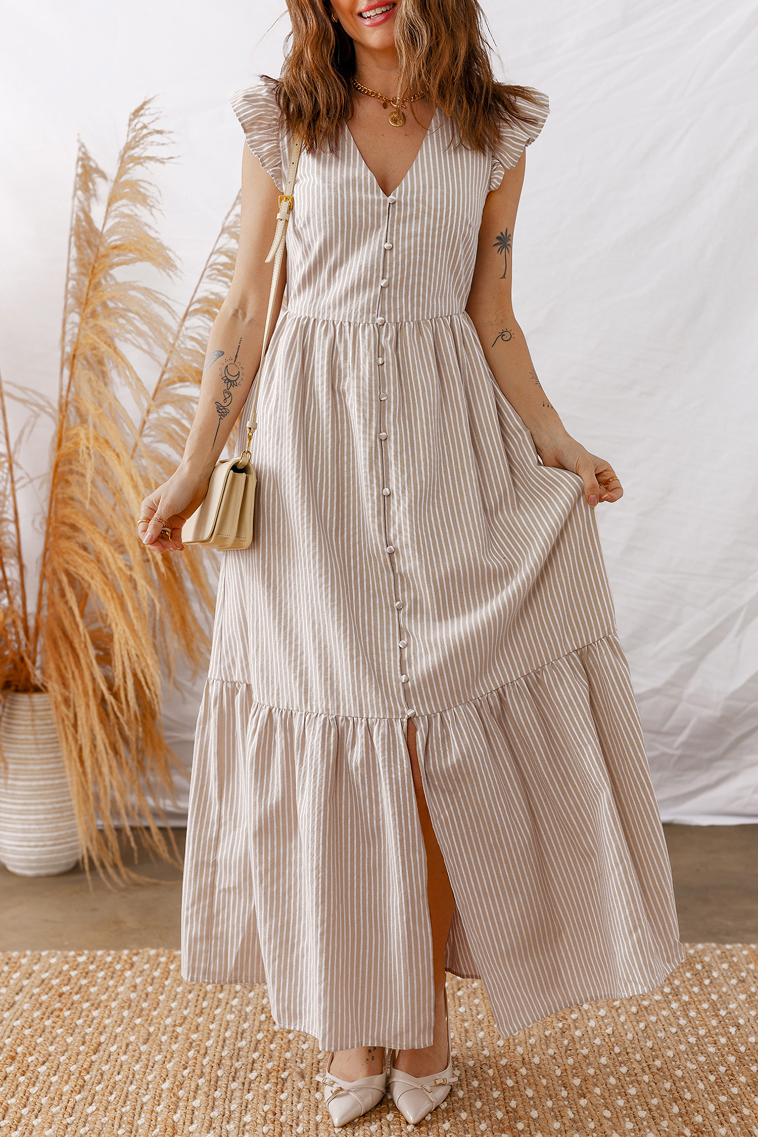 Khaki Stripe Flutter Sleeve Buttoned Front Slit Maxi Dress - loveforevers