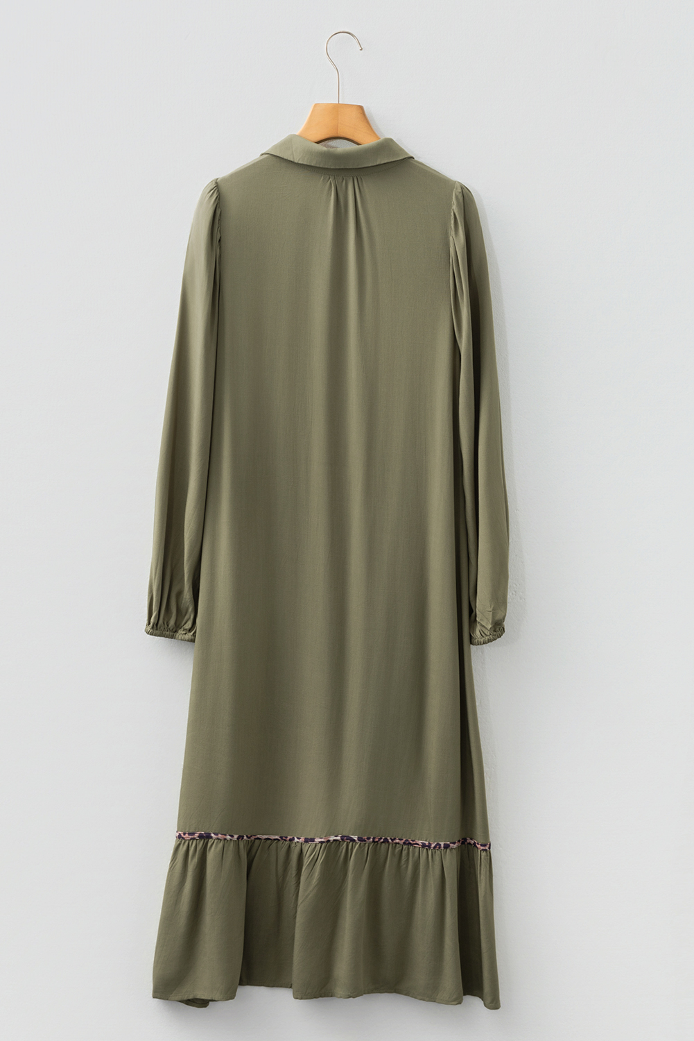Four Leaf Clover Collared V Neck Smocked Detail Contrast Leopard Trim Bracelet Sleeve Long Dress - loveforevers