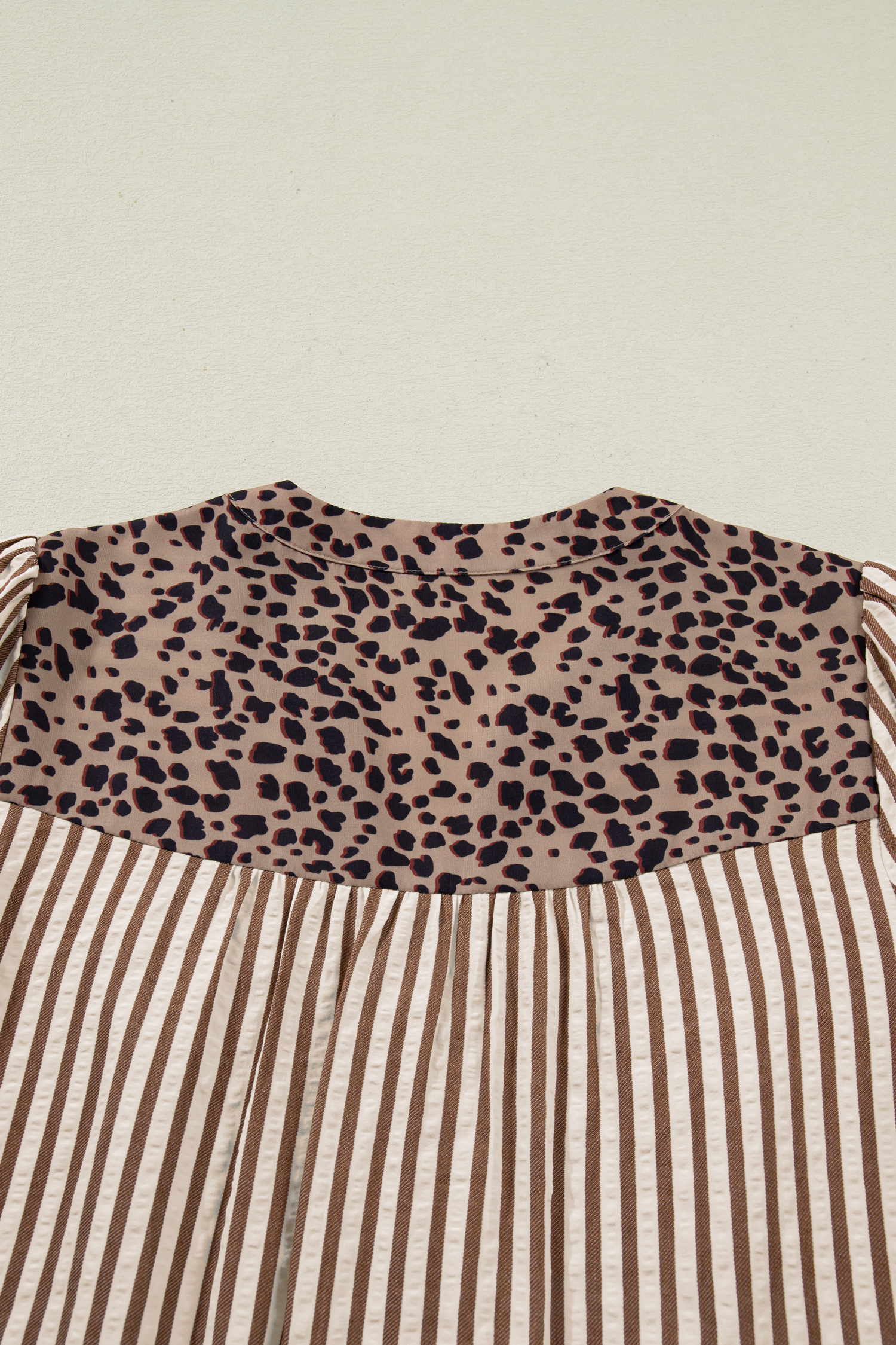 Sky Blue Stripe Leopard Trim V Neck Button Down Half Sleeve Shirt - loveforevers