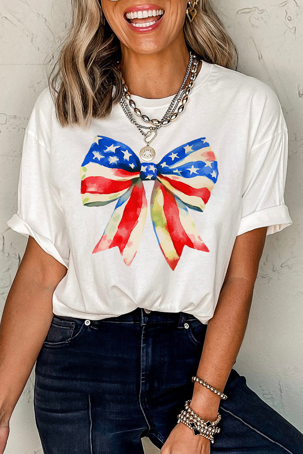 White Independence Day Splash Bow Pattern T Shirt - loveforevers