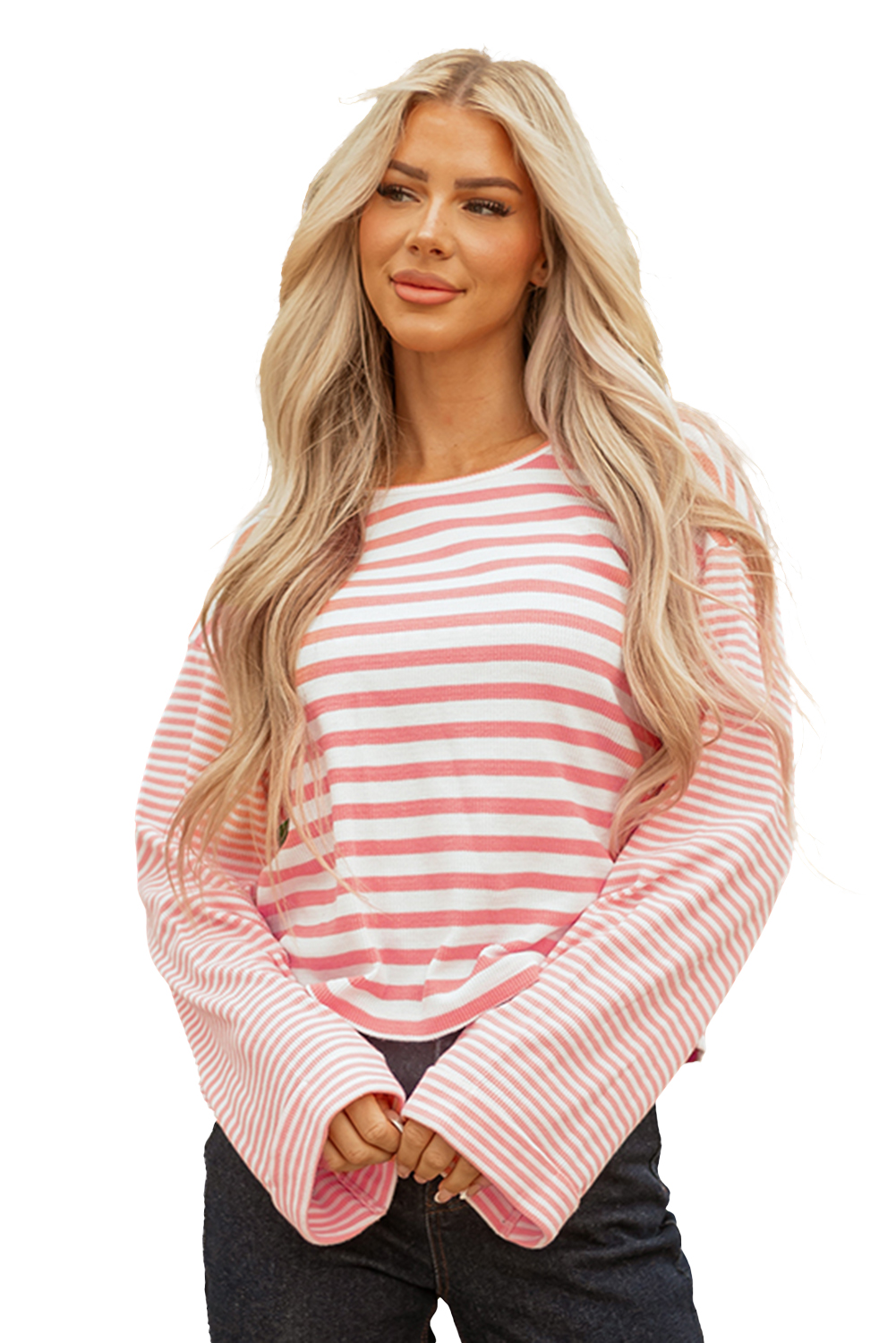 Pink Stripe Textured Contrast Dropped Long Sleeve Top - loveforevers