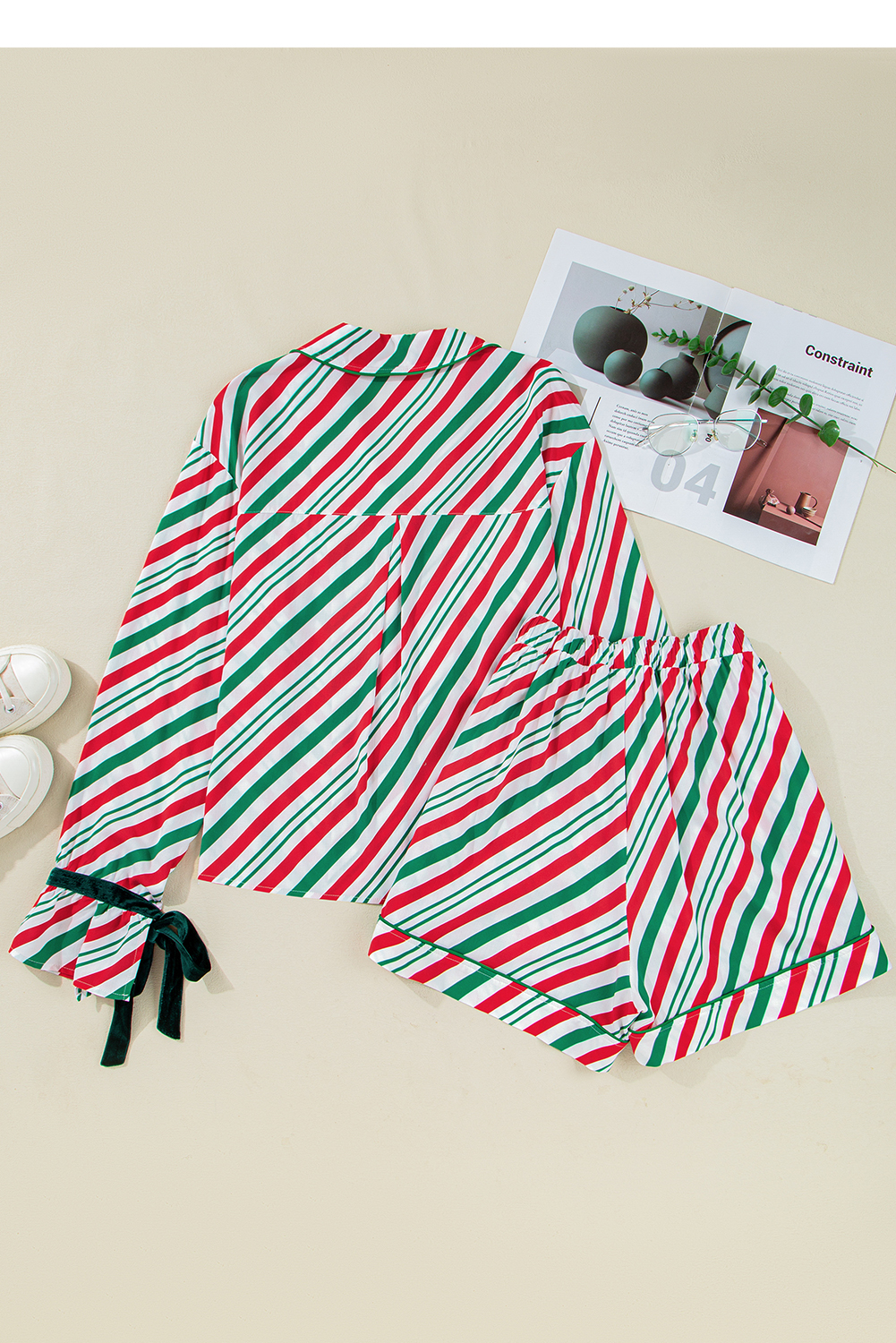Green Stripe Contrast Velvet Ribbon Knot Christmas 2pcs Pajama Set - loveforevers