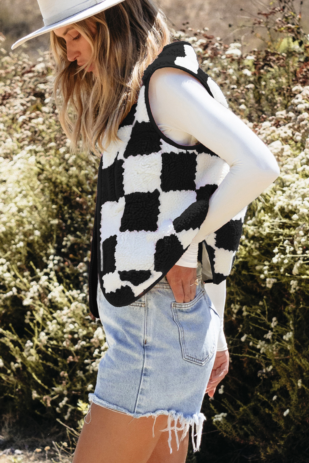 Khaki Checkered Sherpa Collared Jacket Vest - loveforevers
