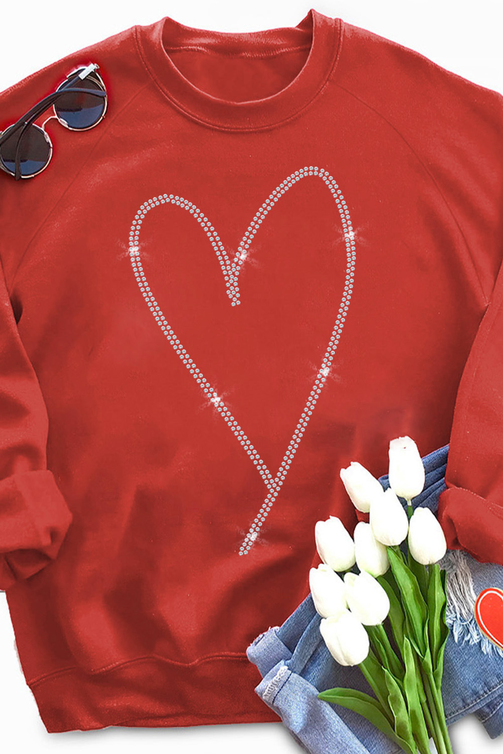 Fiery Red Rhinestone Heart Shaped Long Sleeve Sweatshirt - loveforevers
