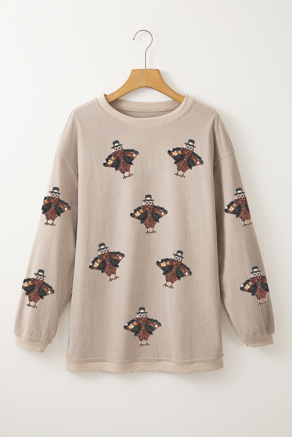 Smoke Gray Twisted Ribbed Sequined Thanksgiving Turkey Graphic Baggy Sweatshirt - loveforevers