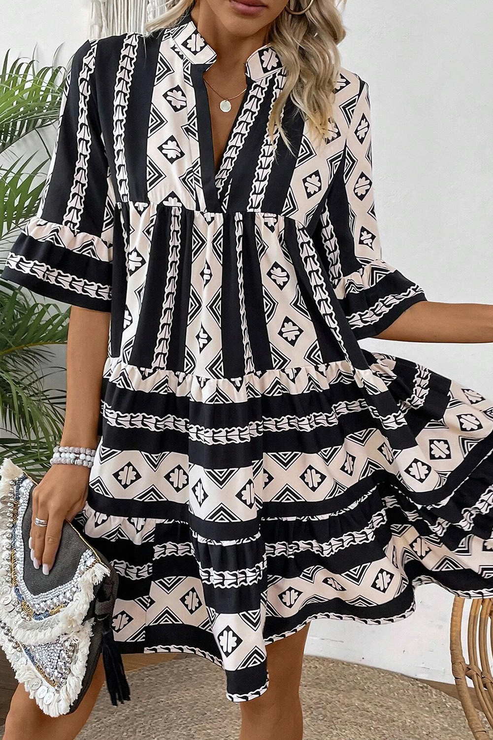 Black Geometric Print V Neck Ruffled Dress - loveforevers