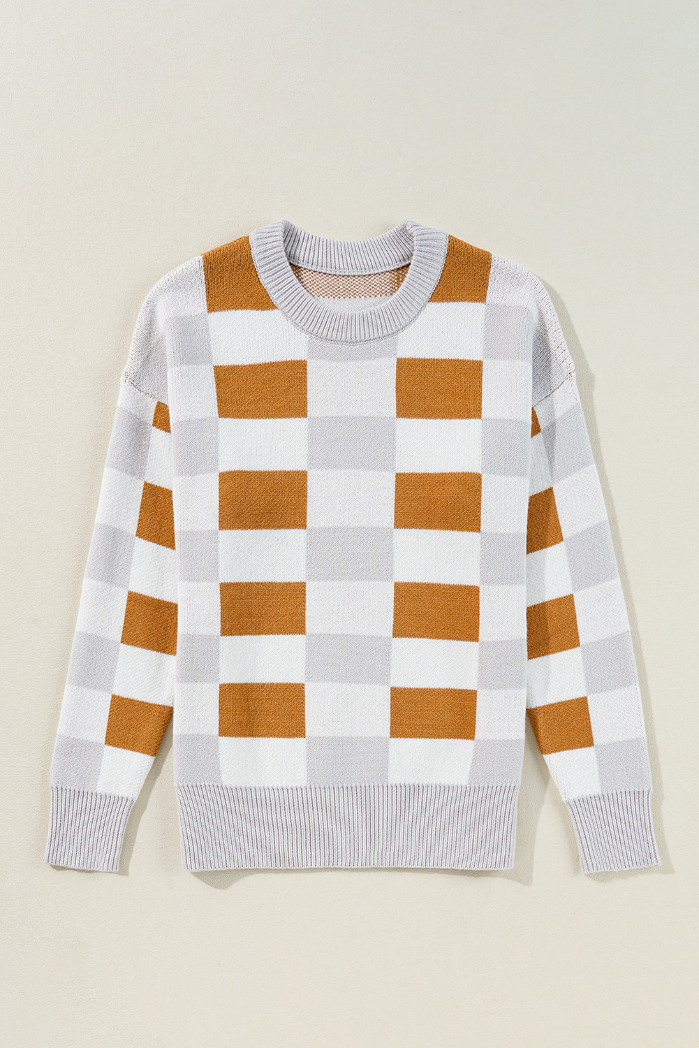 Khaki Checkered Ribbed Edge O Neck Drop Shoulder Sweater - loveforevers