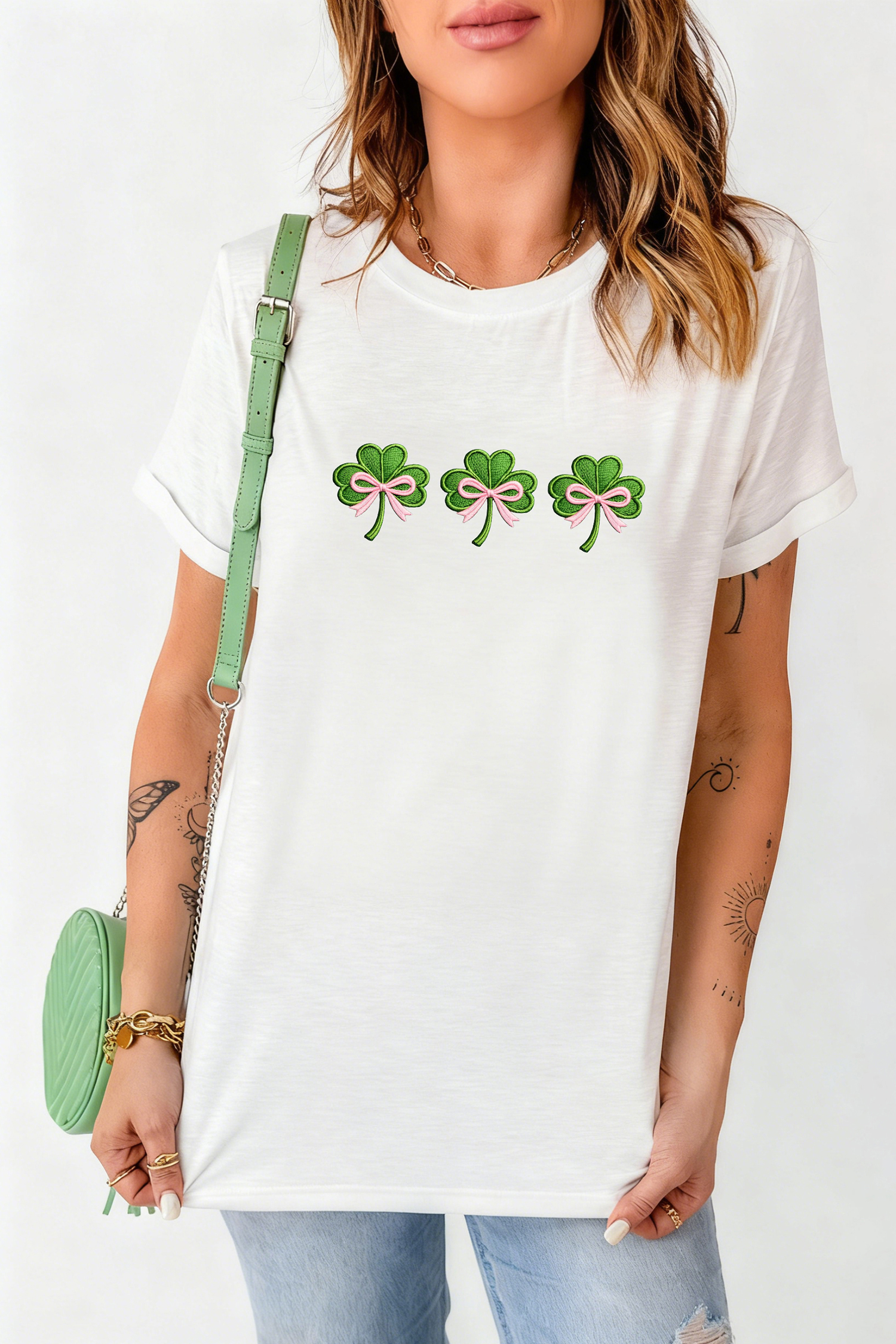 White Ribbon Bow Clover Embroidered Casual T Shirt - loveforevers