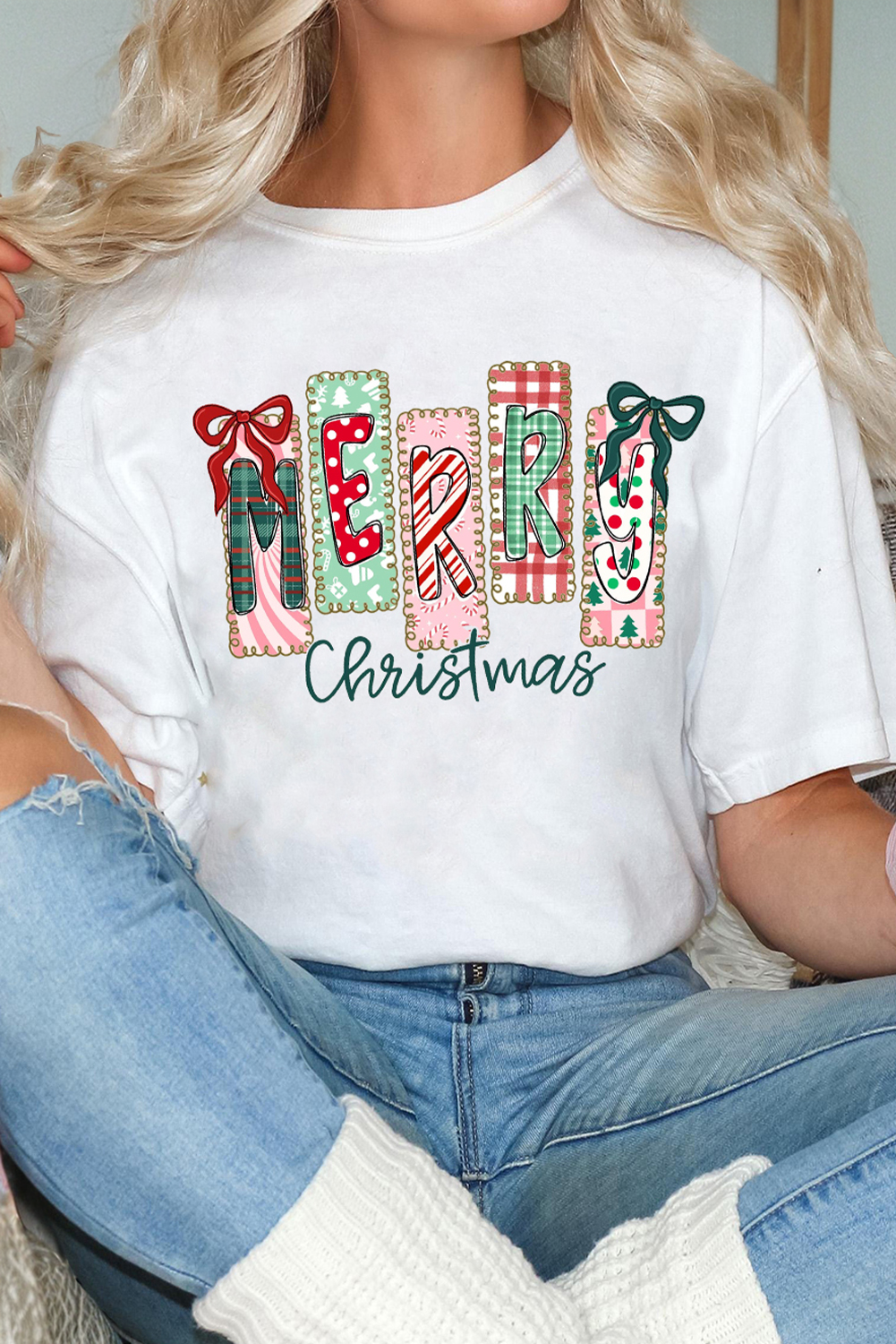 White Merry Christmas Ribbon Bow Detail Holiday Graphic Tee - loveforevers