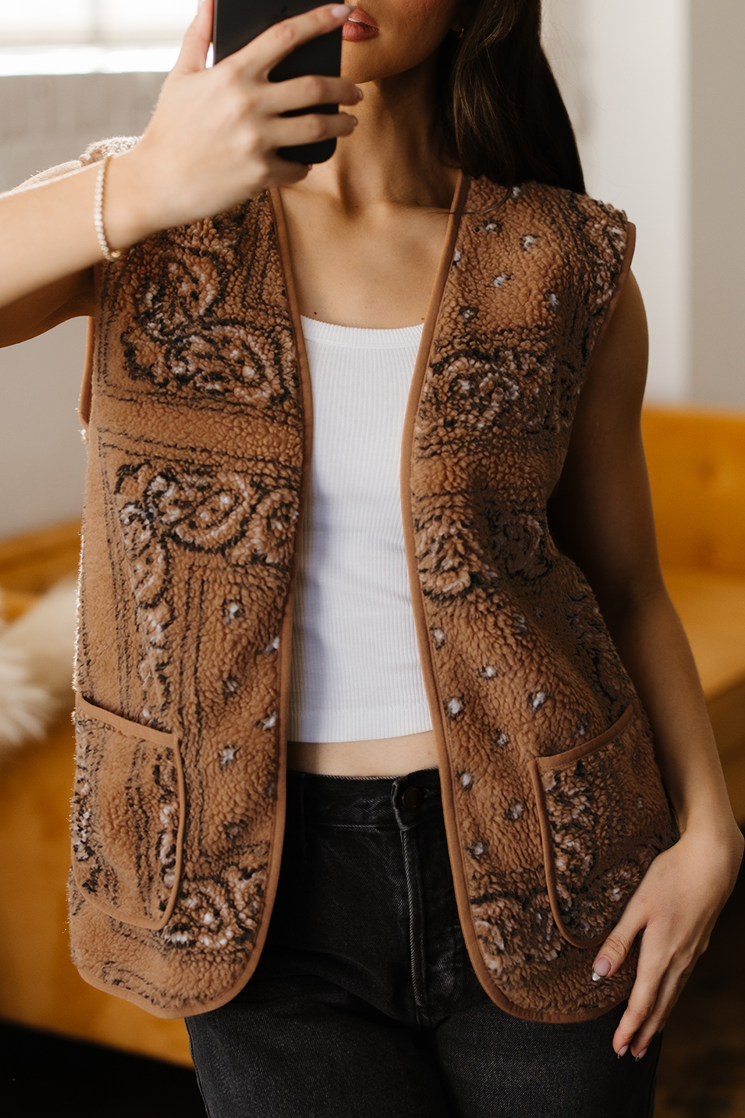 Brown Sherpa Paisley Print Pocketed Western Fashion Vest Jacket - loveforevers