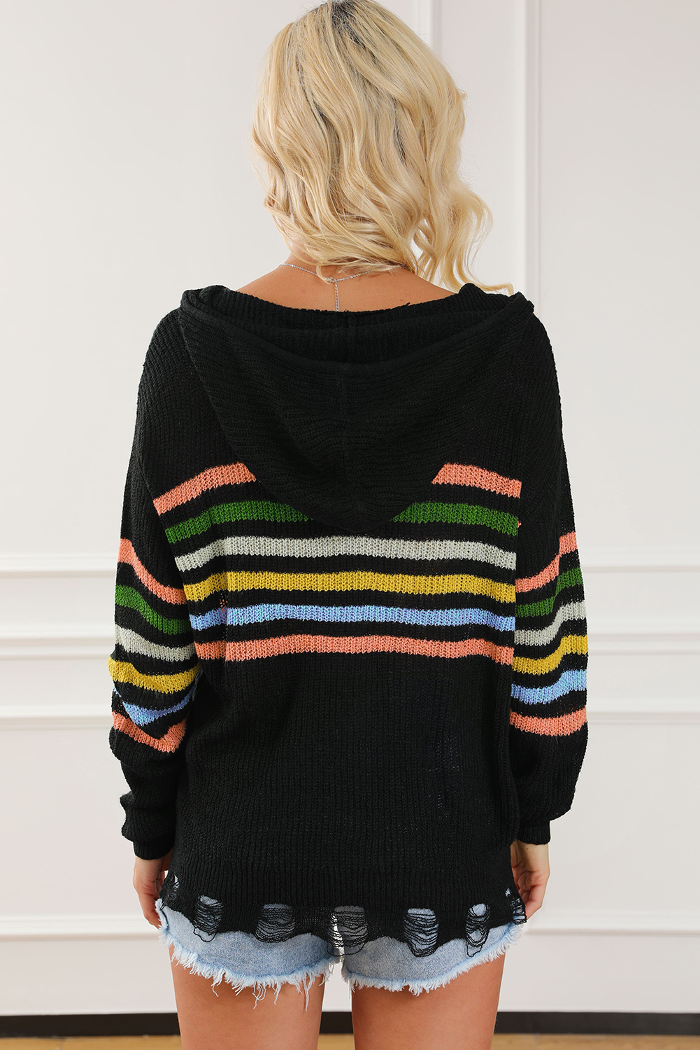 Black Striped Detail Zip Up Hooded Sweater Cardigan - loveforevers