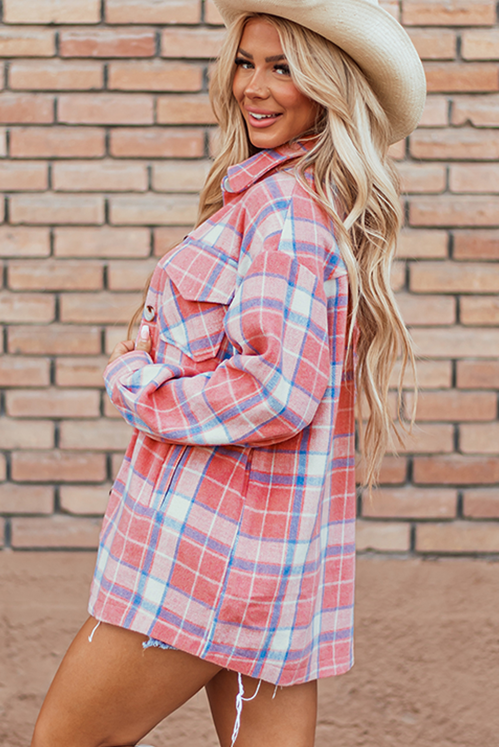 Pink Plaid Flap Pocket Button Up Shacket - loveforevers