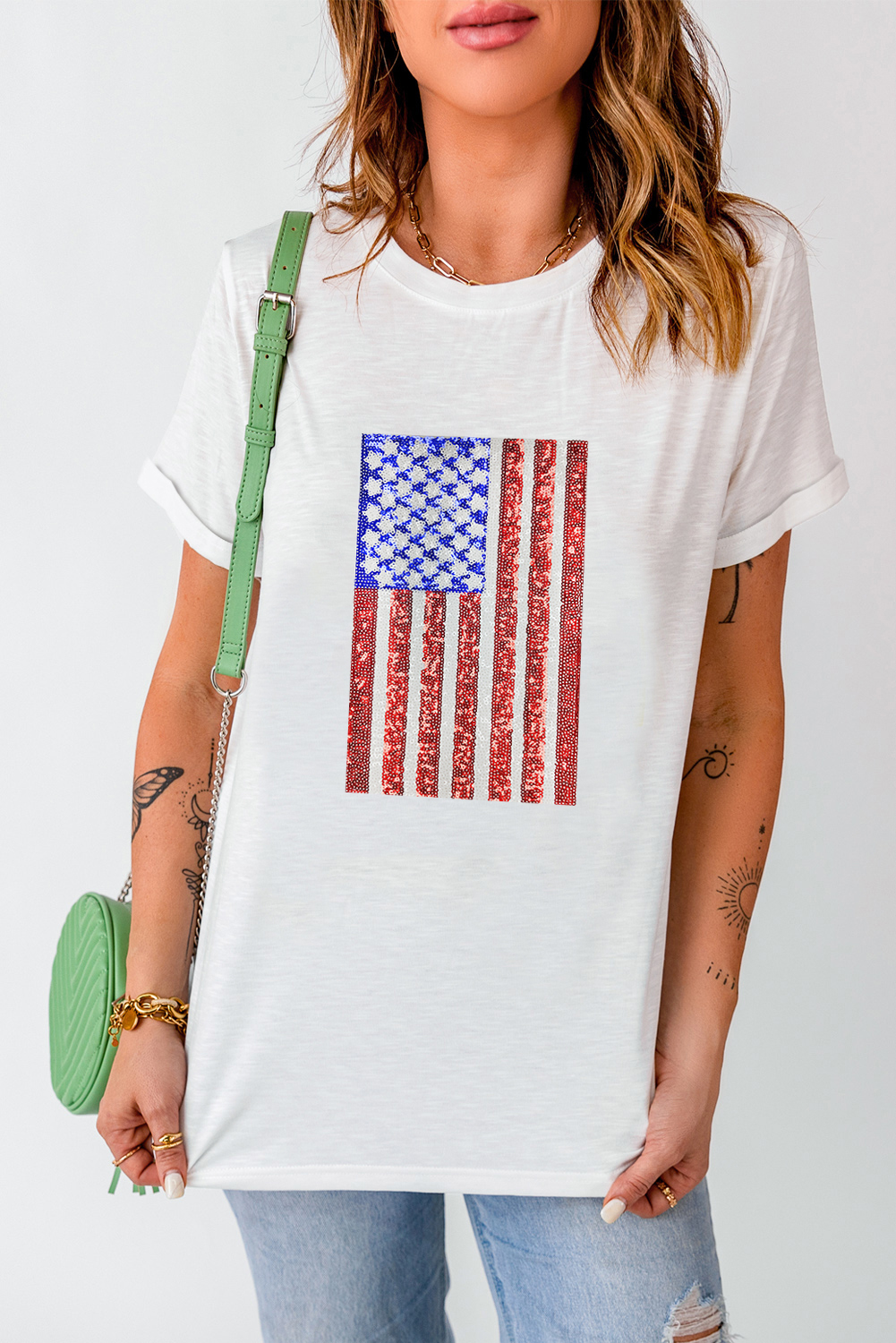 White Shimmery Flag Graphic Tee - loveforevers
