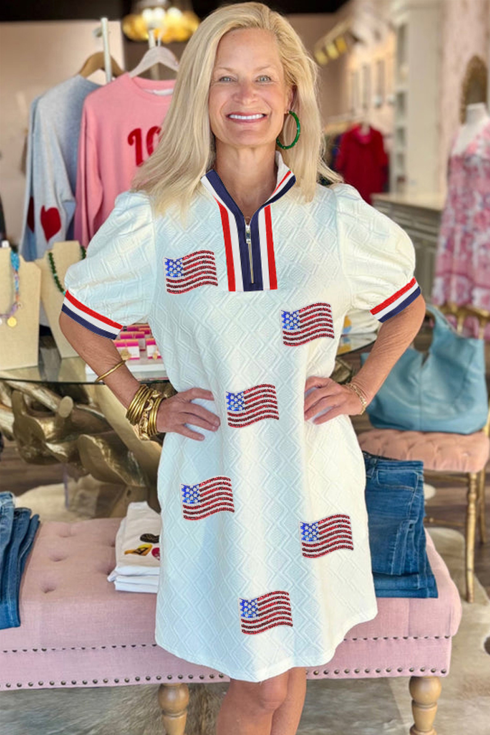 White Textured Contrast Striped Detail Sequin Flag Patched Zip Collar T Shirt Dress - loveforevers