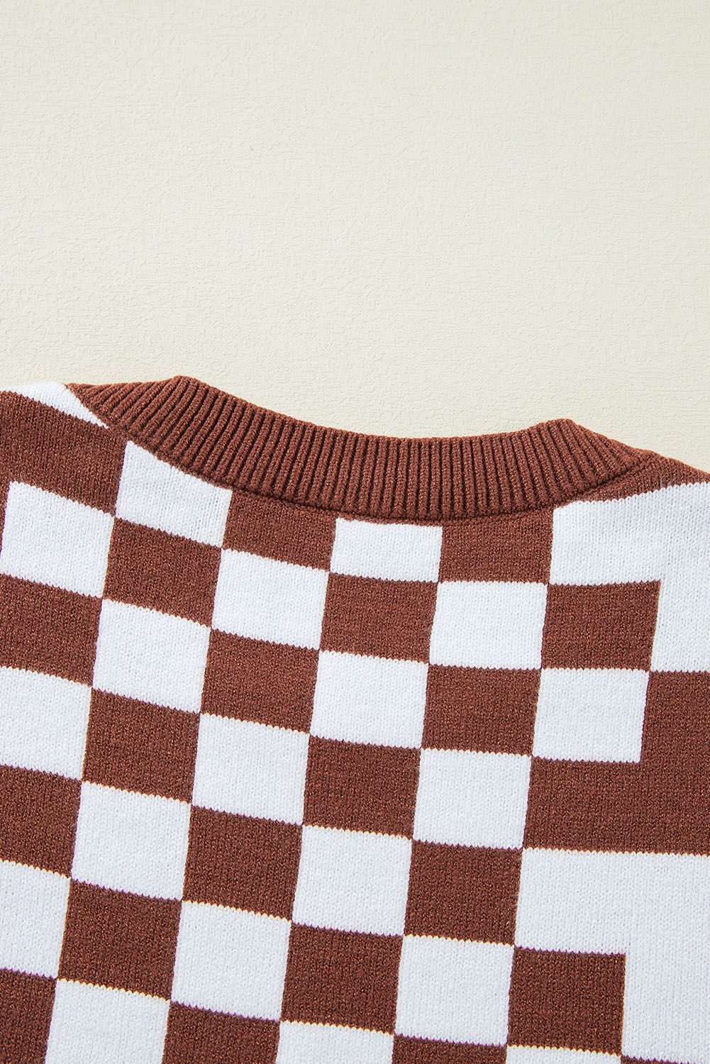 Khaki Checkered Print Drop Shoulder Round Neck Sweater - loveforevers
