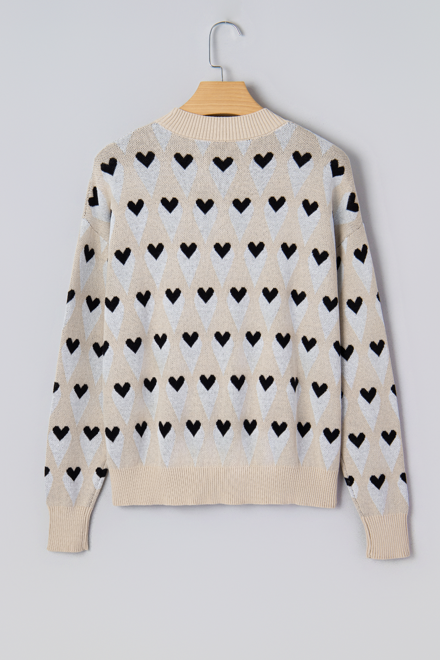 Parchment Geometric Heart Print Ribbed Trim Loose Sweater - loveforevers
