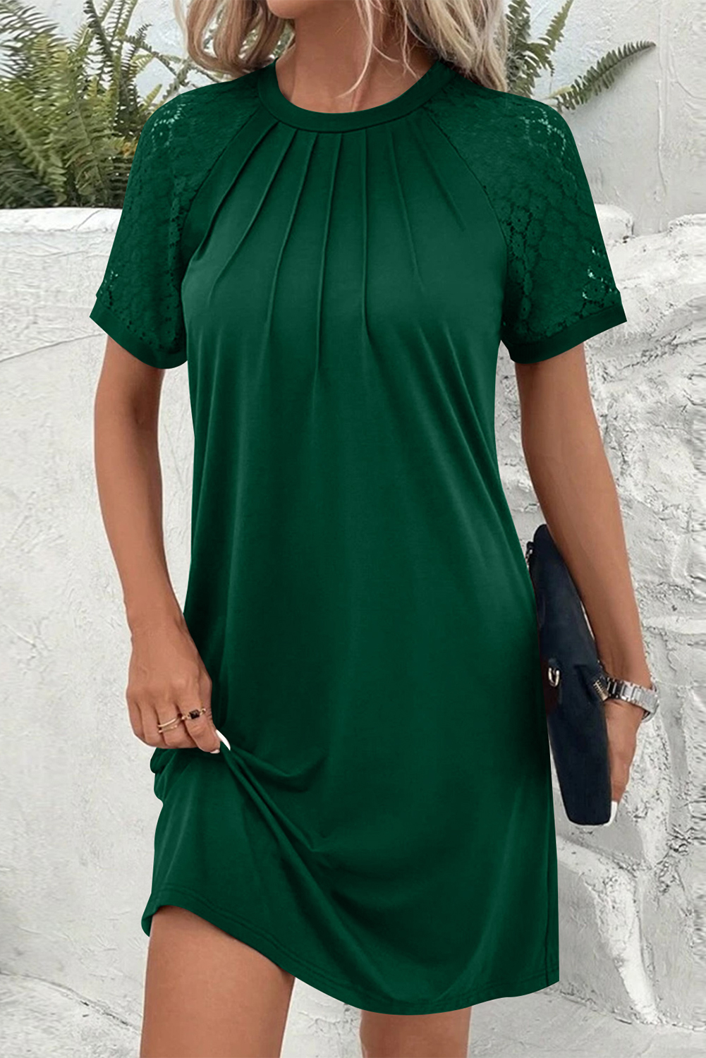 Navy Blue Contrast Lace Raglan Sleeve Pleated Detail Shift Dress - loveforevers