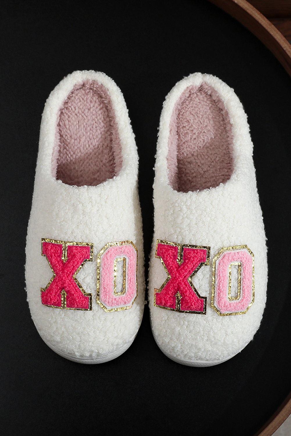 White XO XO Glitter Trim Letter Patched Plush House Slippers - loveforevers