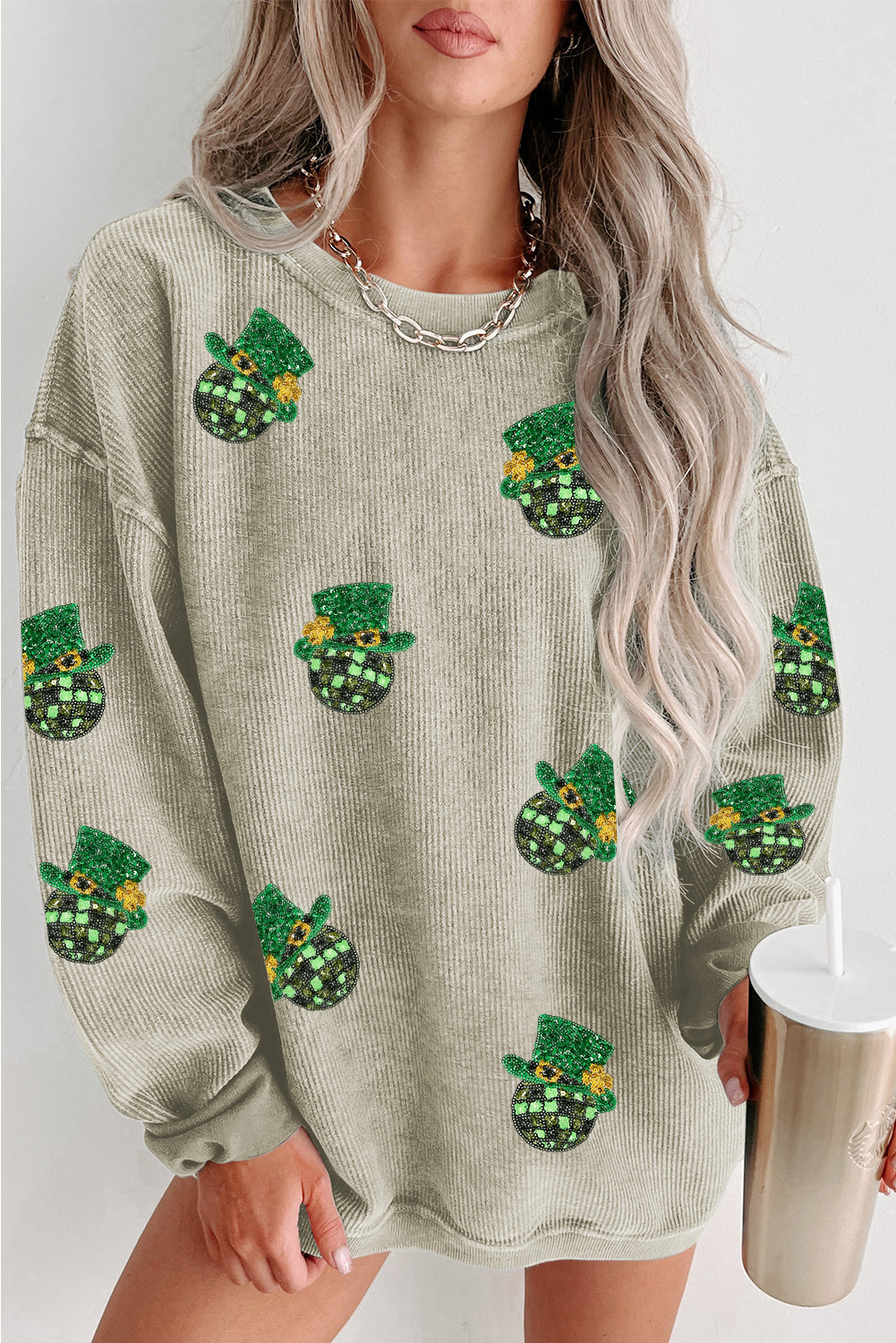 Green Sequin St Patrick Disco Ball Patch Corded Sweatshirt - loveforevers