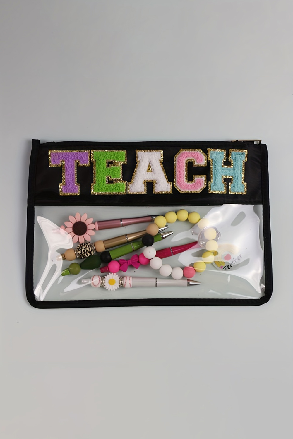 Black TEACH Glitter Chenille Clear PVC Makeup Bag - loveforevers