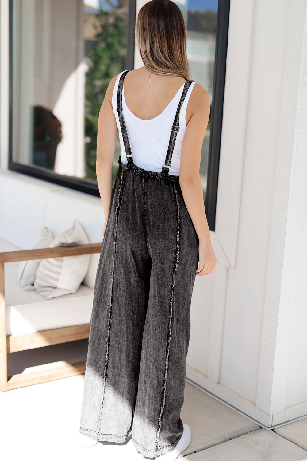 Beau Blue Light Wash Frayed Exposed Seam Wide Leg Denim Overall - loveforevers