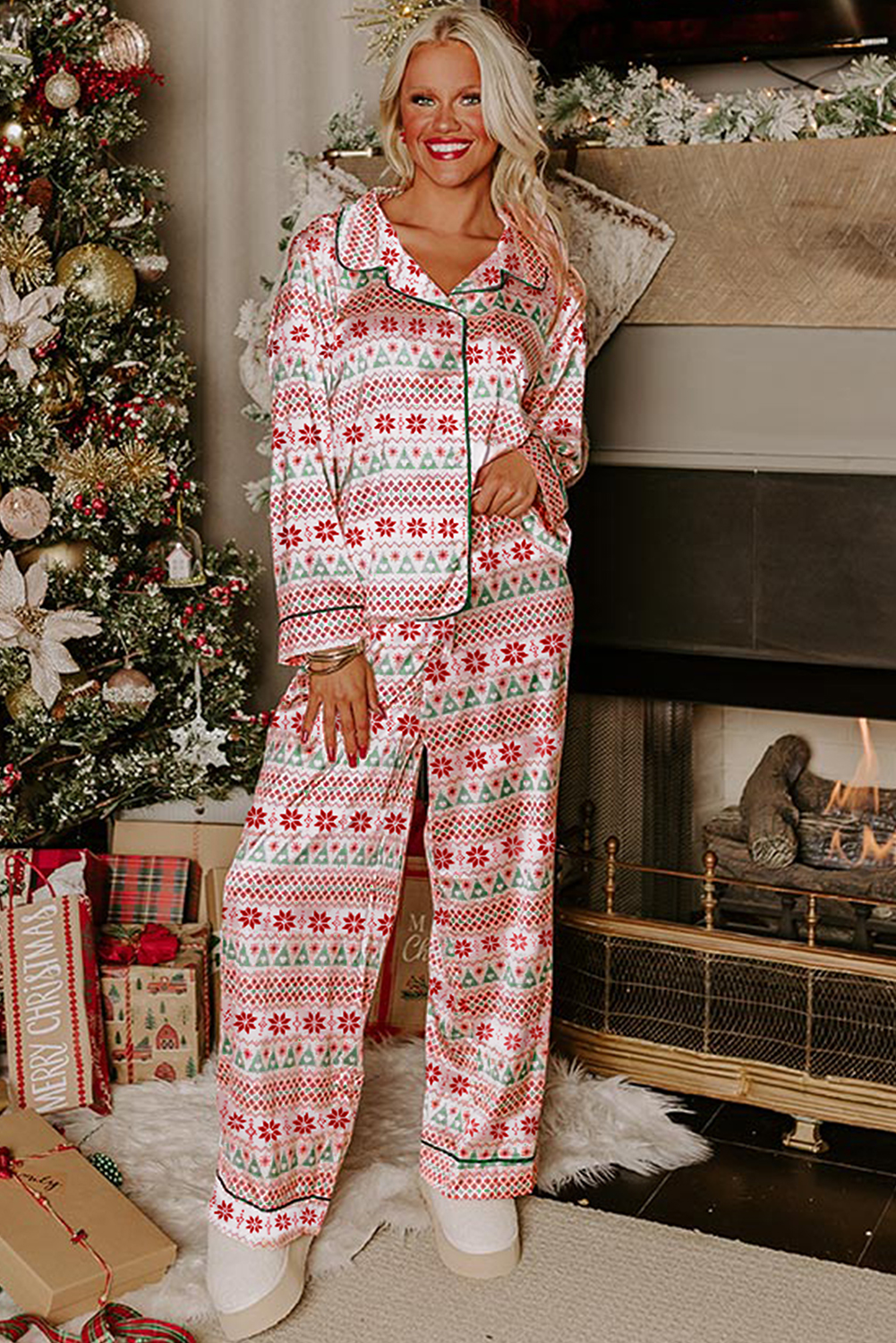 White Christmas Pattern Print Shirt Style Long 2pcs Pajama Set - loveforevers