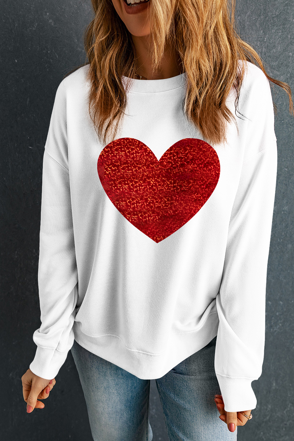 Beige Glitter Valentine Heart Shape Graphic Sweatshirt - loveforevers