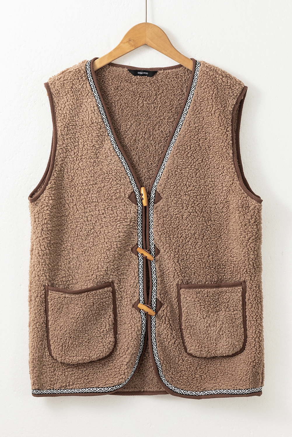 Dark Khaki Sherpa Contrast Trim Patch Pocket Cartridge Toggle Button Vest - loveforevers
