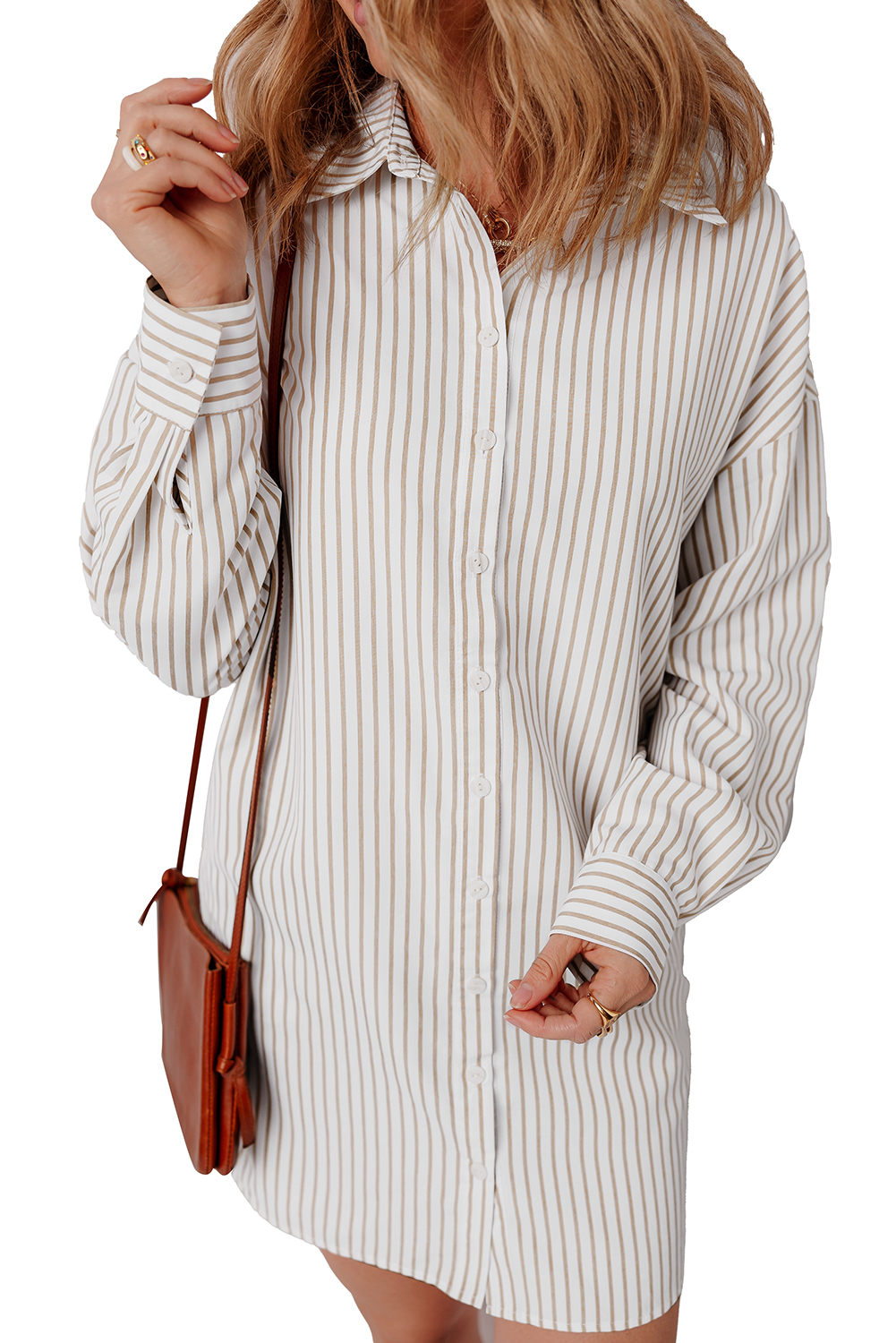Khaki Stripe Long Sleeve Button Up Mini Shirt Dress - loveforevers