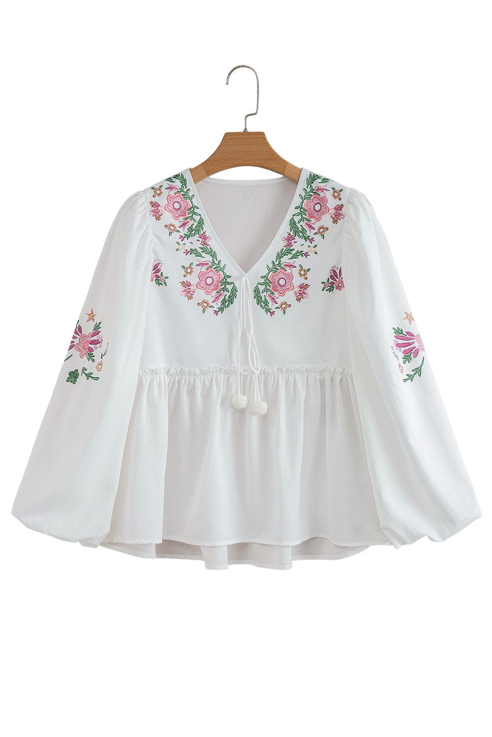 White Flower Print Lace-up V Neck Babydoll Blouse - loveforevers
