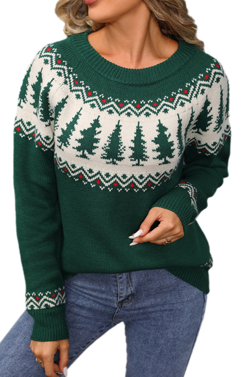Blackish Green Christmas Tree Geometric Print Retro Sweater - loveforevers