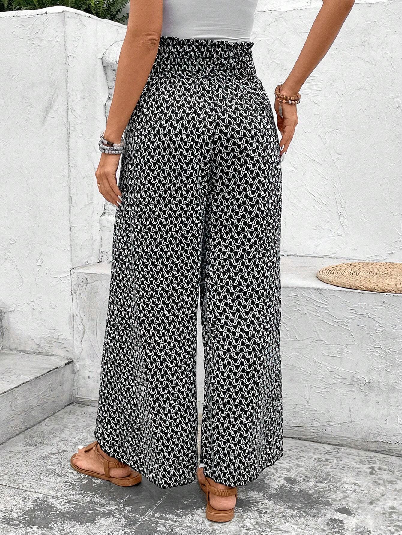 Black Bohemian Print Slit Wide Leg Smocked High Waist Pants - loveforevers