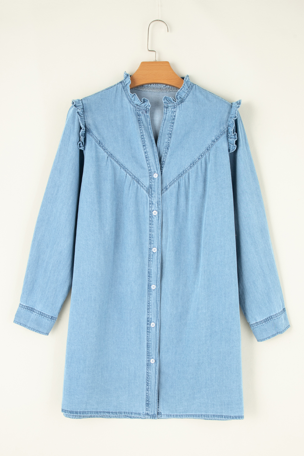 Myosotis Ruffled V Neck Buttoned Shift Denim Dress - loveforevers