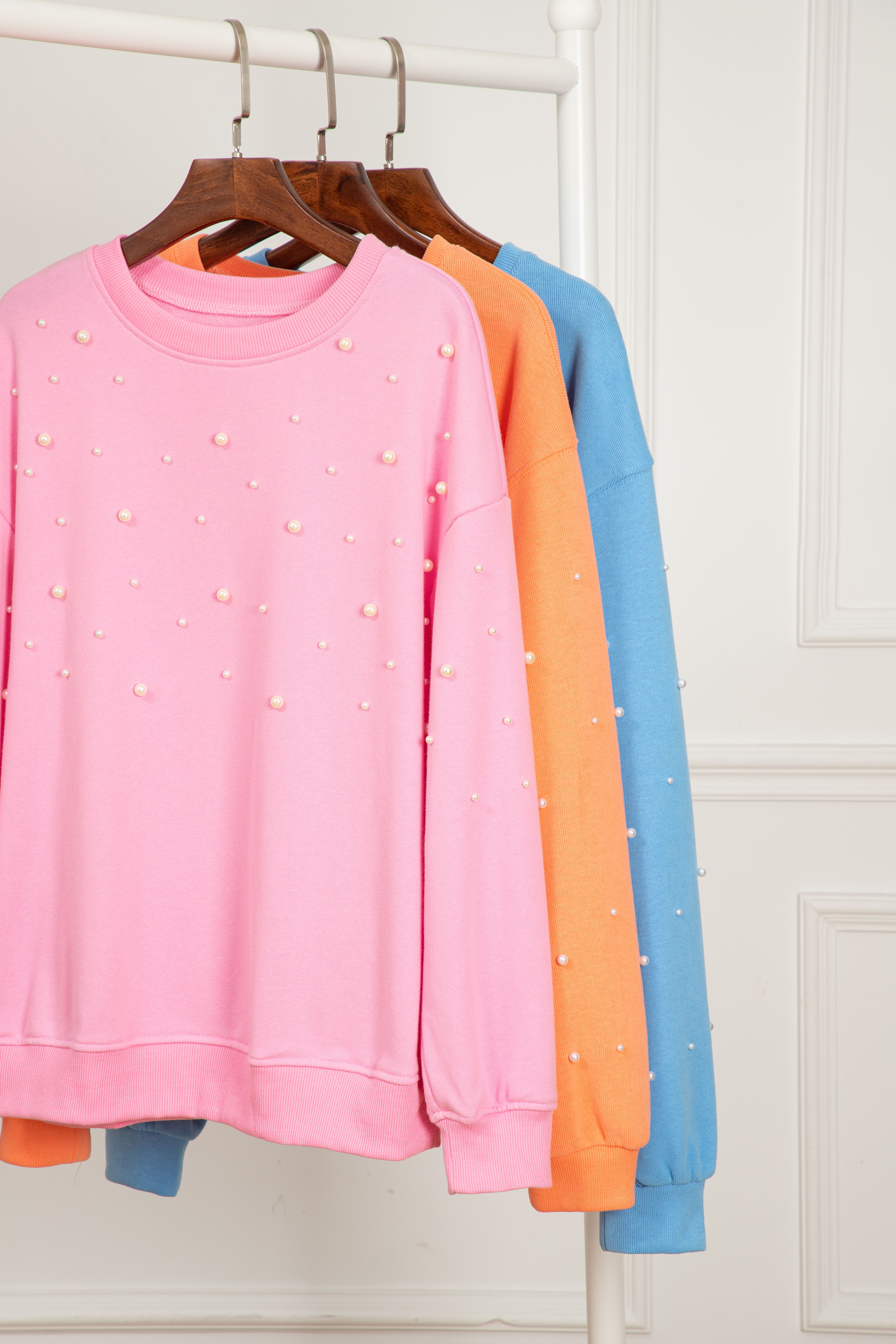 Myosotis Pearled Sleeves Drop Shoulder Round Neck Pullover Sweatshirt - loveforevers
