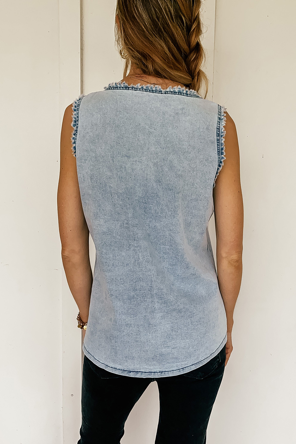 Beau Blue Mineral Wash Denim Frayed U Neck Sleeveless Top - loveforevers
