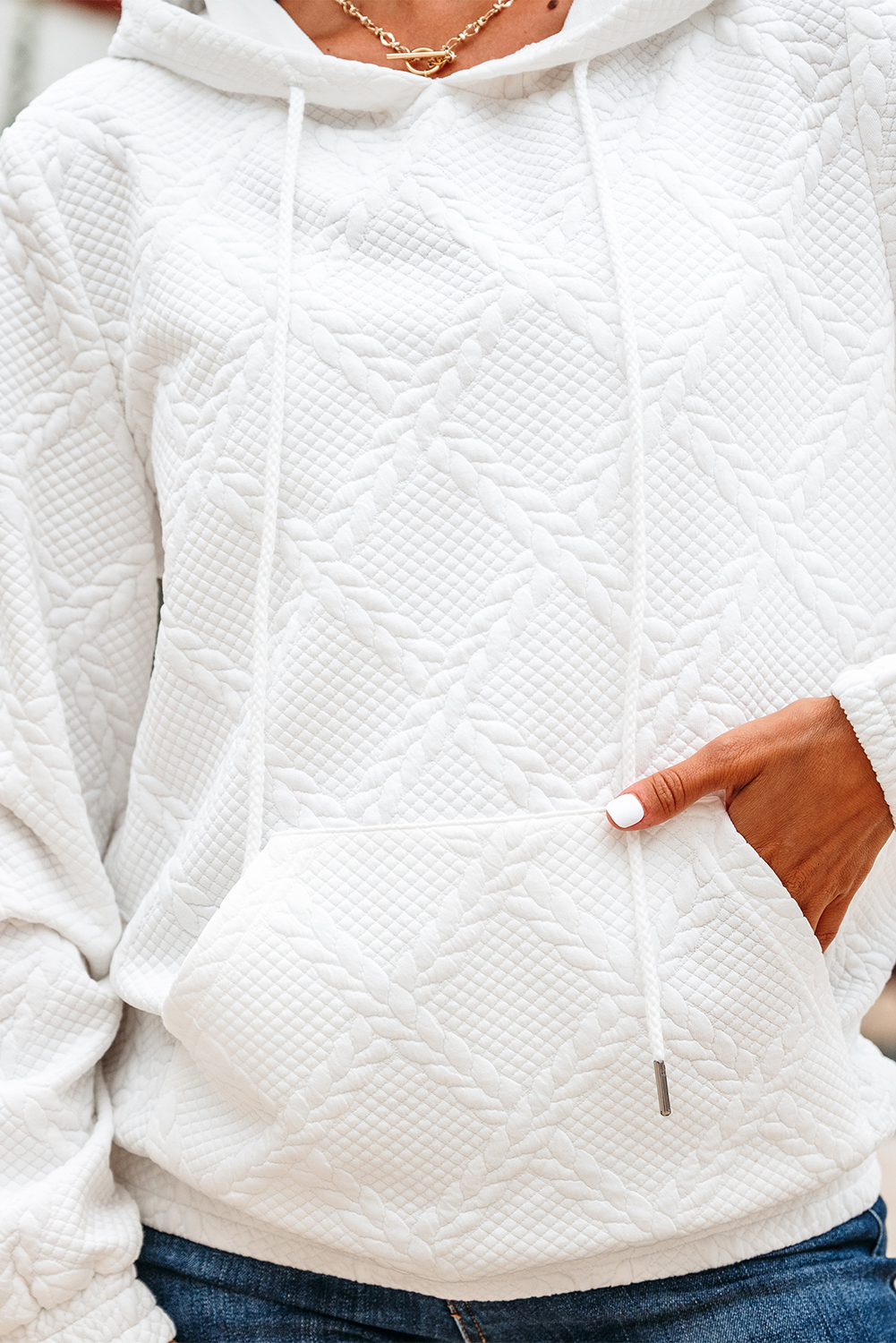 White Cable Lattice Texture Kangaroo Pocket Hoodie - loveforevers