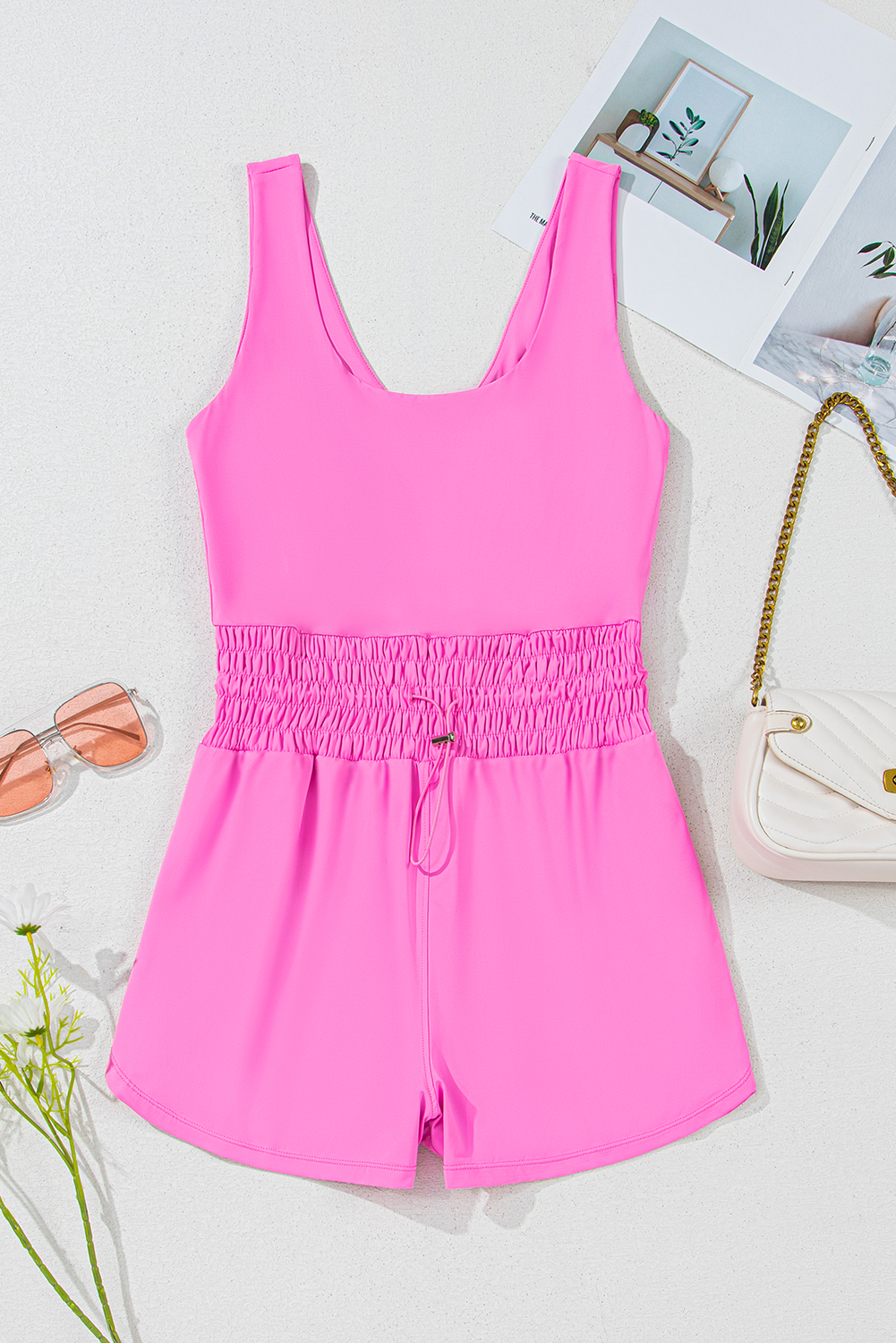 Black Plain Sleeveless Loop Drawstring Cinched Waist Romper - loveforevers