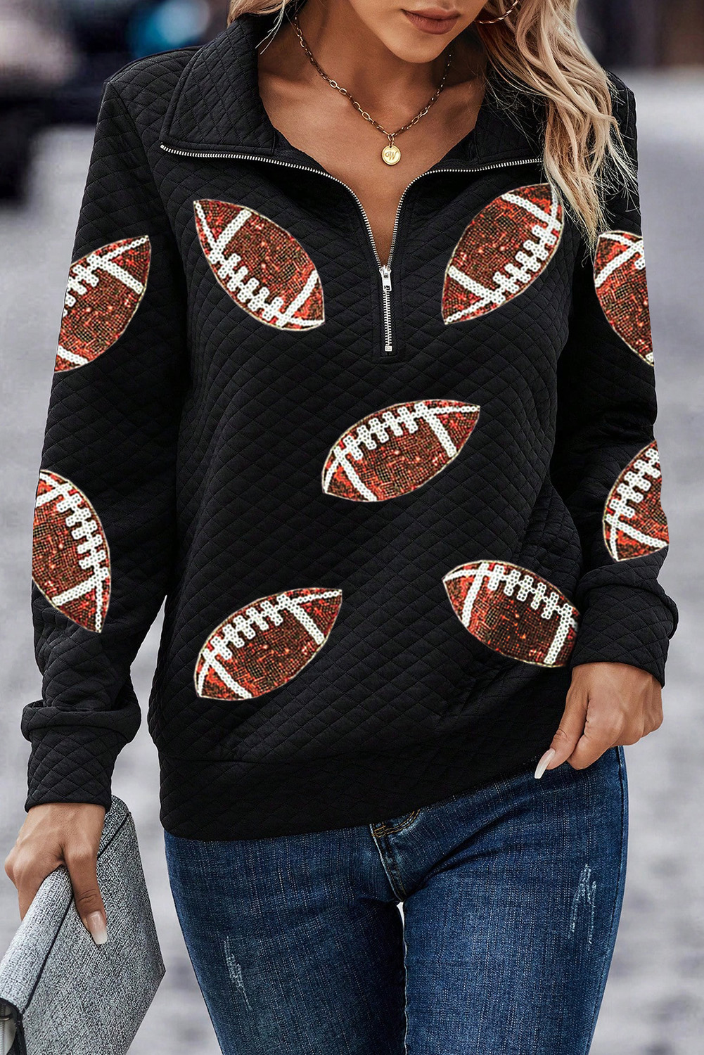 Black Sequin Rugby Football Patched Quarter Zip Textured Sweatshirt - loveforevers