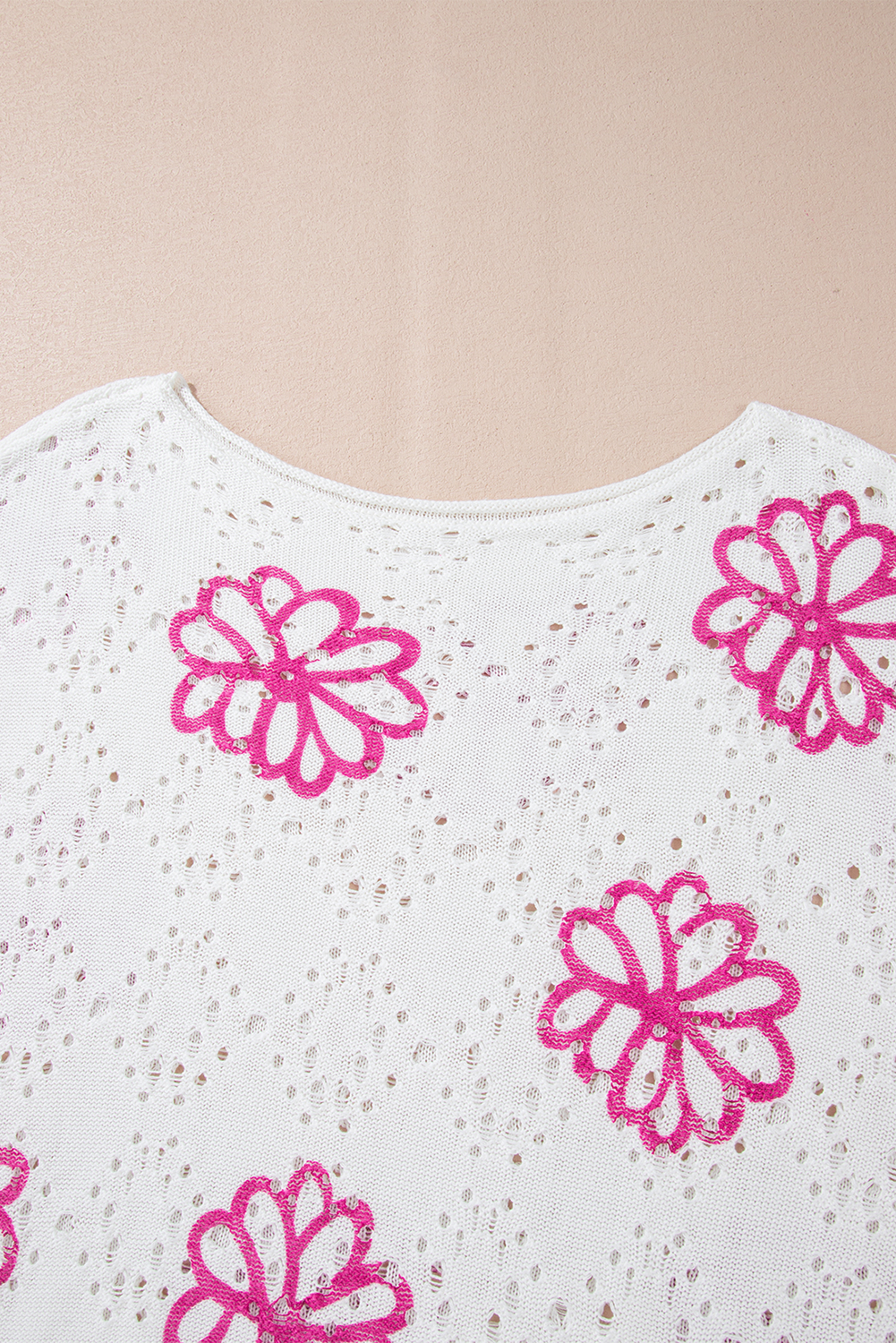 Beige Contrast Flower Print Eyelet Drop Shoulder Sweater - loveforevers