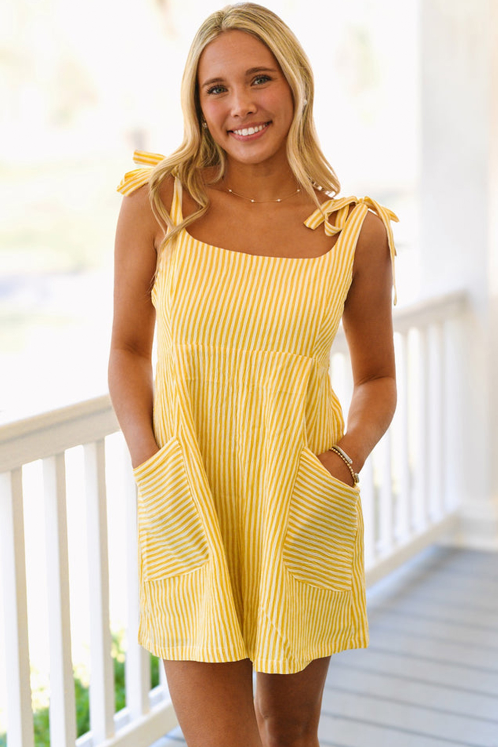 Yellow Stripe Shoulder Tie Smocked Back Wide Leg Casual Romper - loveforevers