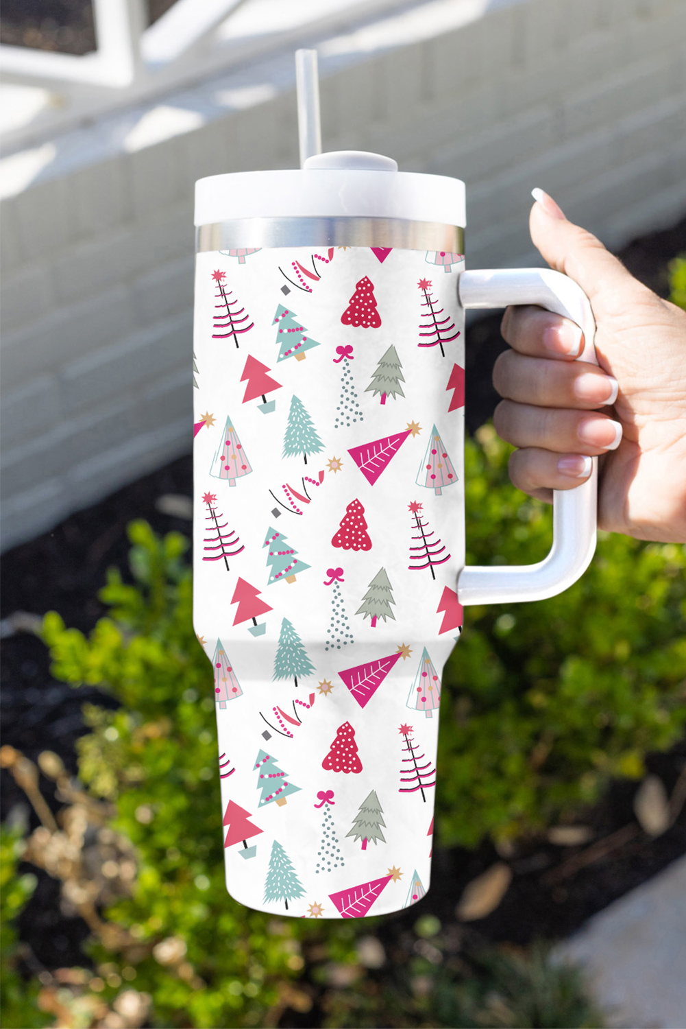 White Cartoon Christmas Tree Printed Thermos Cup 40oz - loveforevers