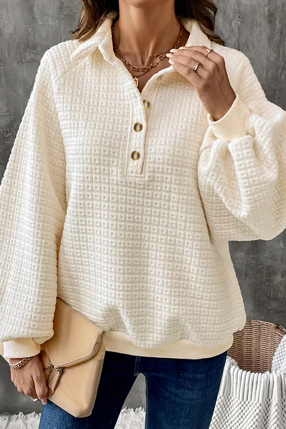 Beige Pineapple Textured Half Button Collared Sweatshirt - loveforevers