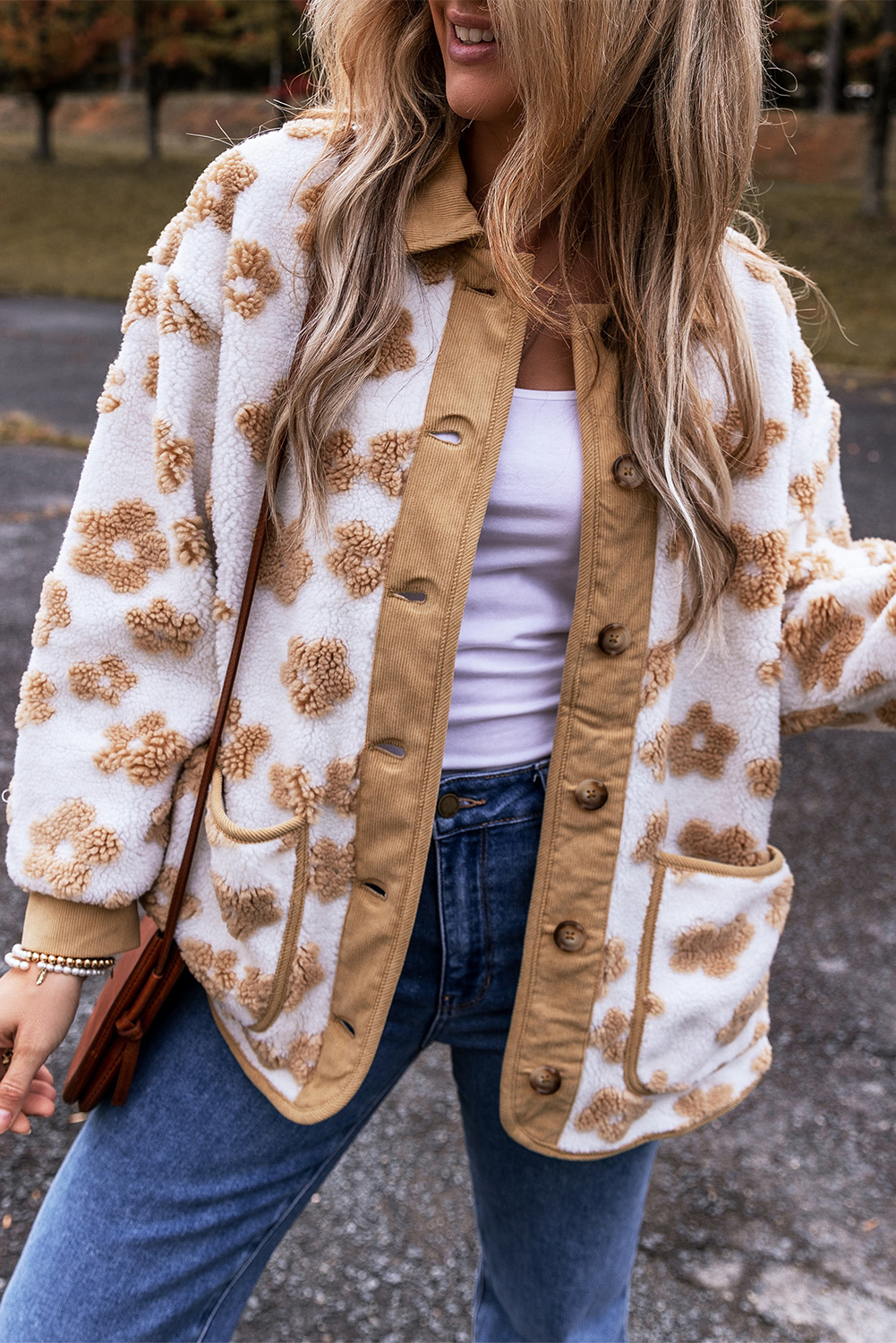 Light French Beige Cute Flower Pattern Button Up Fleece Jacket - loveforevers