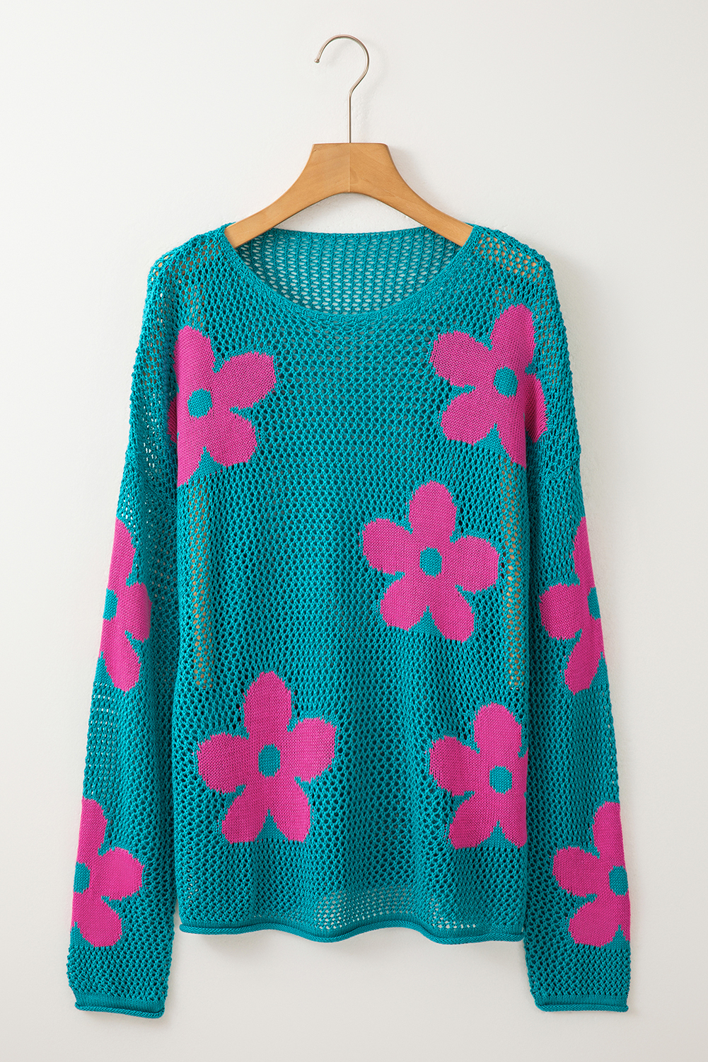 Light Pink Big Flower Hollowed Knit Drop Shoulder Sweater - loveforevers
